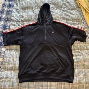 Tommy Hilfiger Black Hooded Short-Sleeve Sweatshirt with Red & White Trim